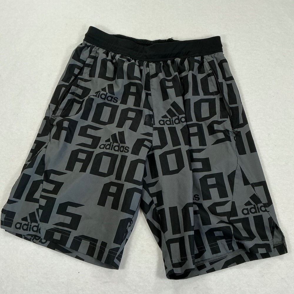 Adidas Aeroready Mens Grey Black All Over Logo Print Athletic Shorts Small
